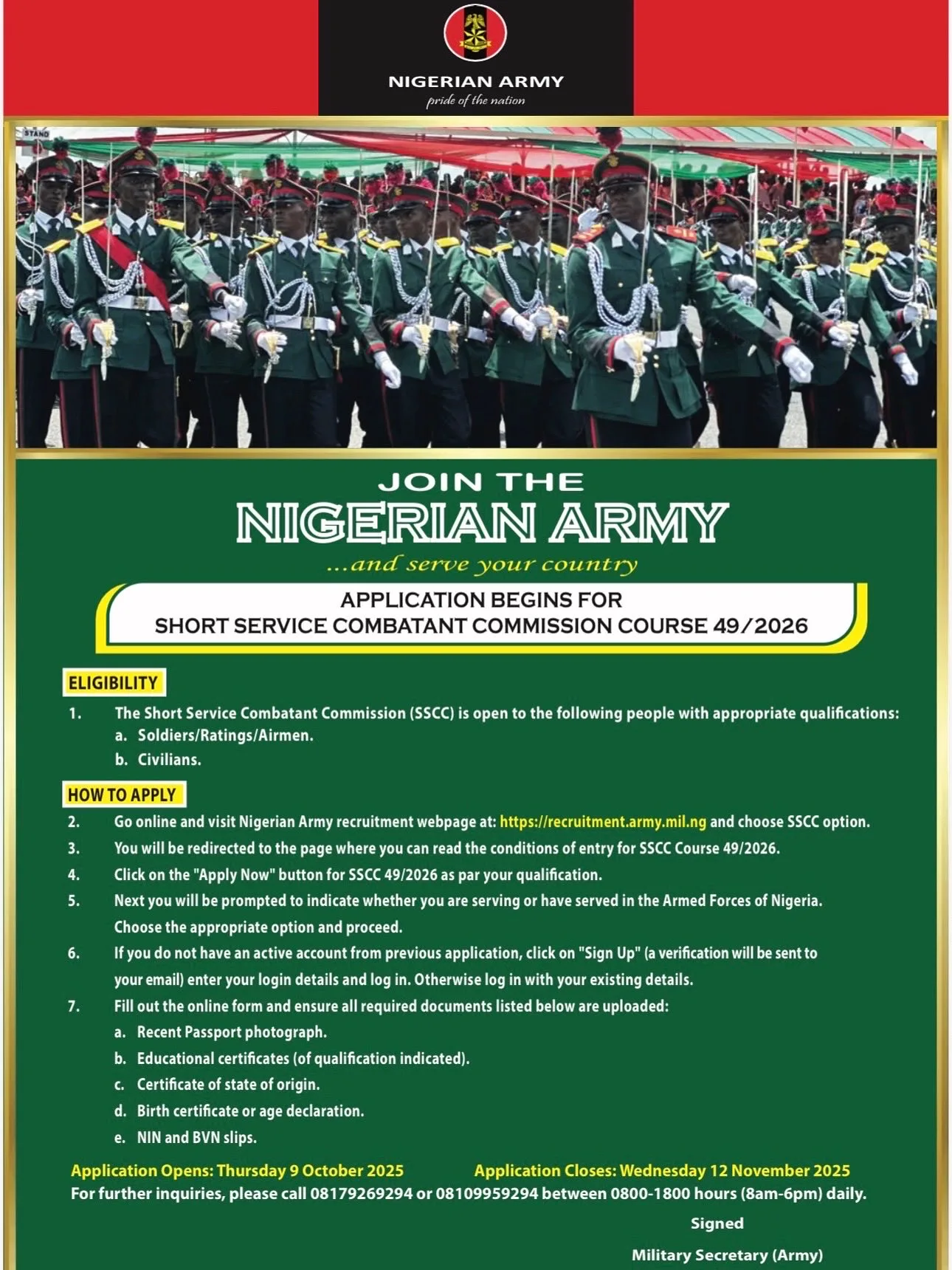 Nigerian Army Short Service Combatant Commission (SSCC) Course 49/2026: Complete Application Guide